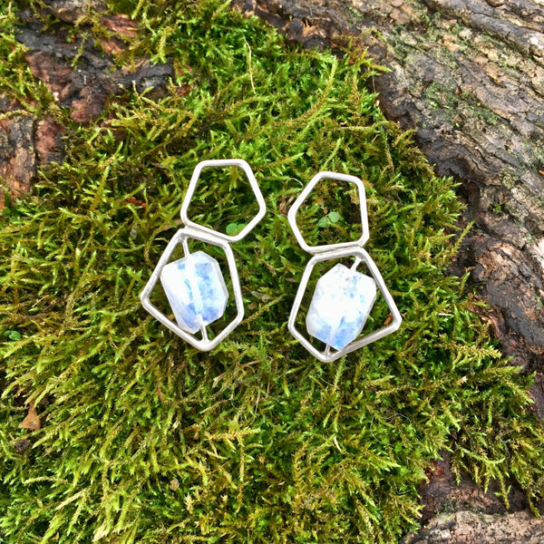 Goddess Power Earrings Handmade with Sterling Silver & Rainbow Moonstone