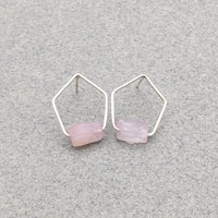 Pentagonal Post Earrings with Sterling Silver and Raw Pink Kunzite