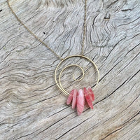 Spiral Necklace with Healing Rhodochrosite Gemstone in Sterling Silver or Brass w/ Gold Plated Chain