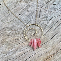 Spiral Necklace with Healing Rhodochrosite Gemstone in Sterling Silver or Brass w/ Gold Plated Chain
