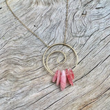 Spiral Necklace with Healing Rhodochrosite Gemstone in Sterling Silver or Brass w/ Gold Plated Chain