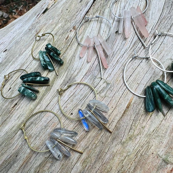 Small Crystal Fringe Hoop Earrings with Healing Gemstones in Sterling Silver & Brass