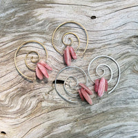Spiral Earrings with Rhodochrosite in Sterling Silver or Brass