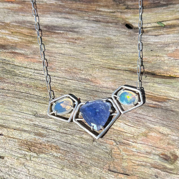 Triple Goddess Power Necklace with Tanzanite and Precious Opal