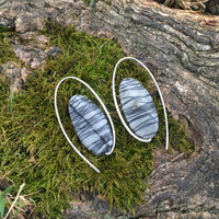 Minimalist Oval Natural Spiderweb Jasper Healing Stone Earrings, Handmade with Sterling Silver