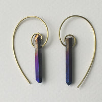 Fibonacci Spiral Earrings with Cobalt Titanium Quartz Points and Brass