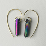 Fibonacci Spiral Earrings with Rainbow Aura Quartz Crystal Points & Brass