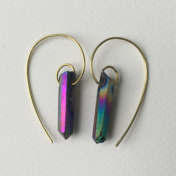 Fibonacci Spiral Earrings with Rainbow Aura Quartz Crystal Points & Brass