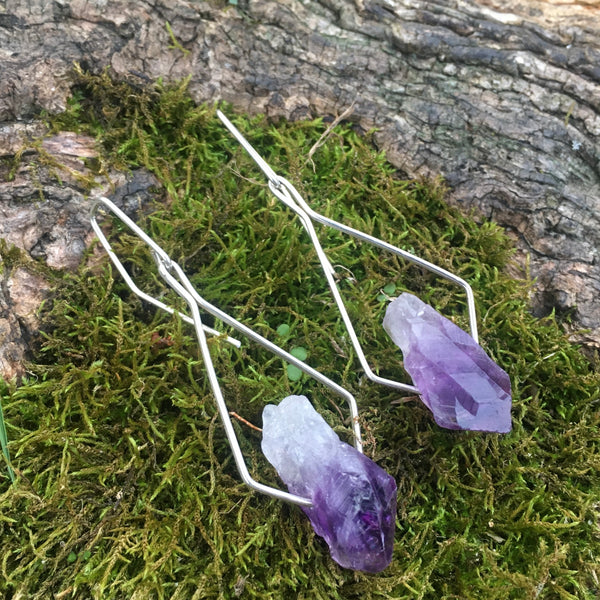 Pentagonal Drop Earrings Handmade with Sterling Silver and Raw Amethyst Crystal Points