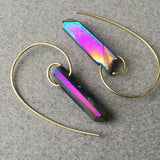 Fibonacci Spiral Earrings with Rainbow Aura Quartz Crystal Points & Brass