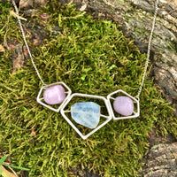 Triple Goddess Power Necklace with Sterling Silver, Rainbow Moonstone & Kunzite