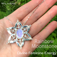 Flower of Life Manifestation Pendant with Rainbow Moonstone, Quartz Crystals & Sterling Silver