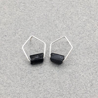Pentagonal Post Earrings with Sterling Silver and Raw Black Tourmaline