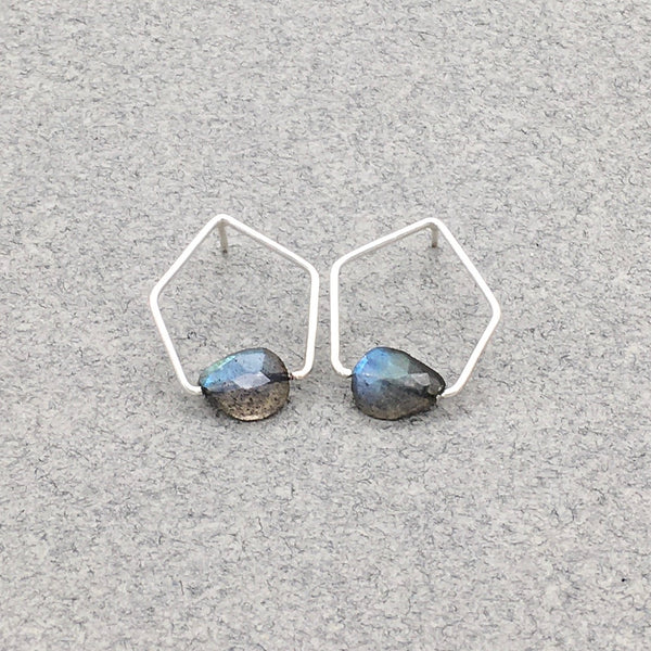 Pentagonal Post Earrings with Sterling Silver and Labradorite