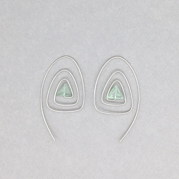 Spiral Triangle Earrings with Healing Stone Sea Green Fluorite & Sterling Silver Handmade