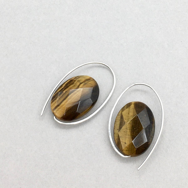 Minimalist Oval Earrings with Natural healing Stone Tiger Eye and Sterling Silver, Handmade